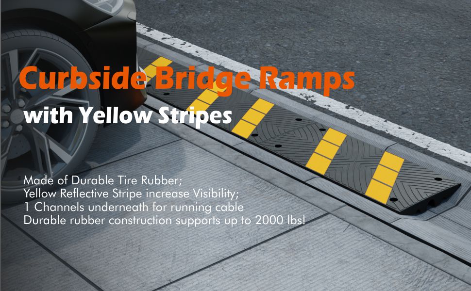 Curbside Bridge Ramps with Yellow Strines : Made from durable tire rubber; Wide Application; High Visibility; designed with high traction texture surface to increase friction ;