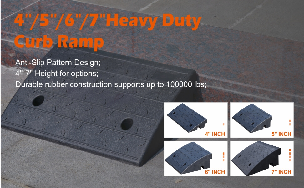 4‘’/5‘’/6‘’/7‘’Heavy Duty Curb Ramp: Made of Durable Recycle Rubber ; 1 Channels underneath for running cable; Anti-Slip Pattern Design; 4”-7” Height for options; Durable rubber construction supports up to 100000 lbs;