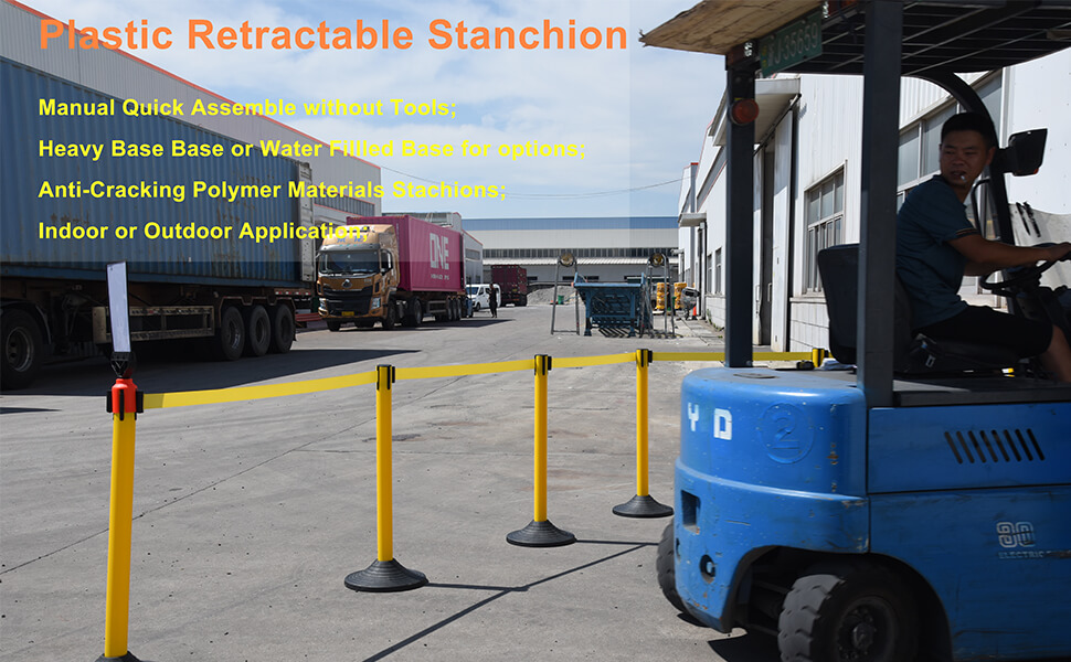 Plastic Retractable Stanchion Manual Quick Assemble without Tools; Heavy Rubber Base or Water Fillled Base for options; Anti-Cracking Polymer Materials Stachions; Indoor or Outdoor Application;