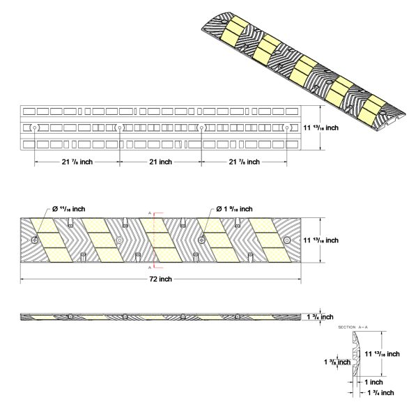 6Ft Speed Bump with Install Kits 2D Product Dimension.